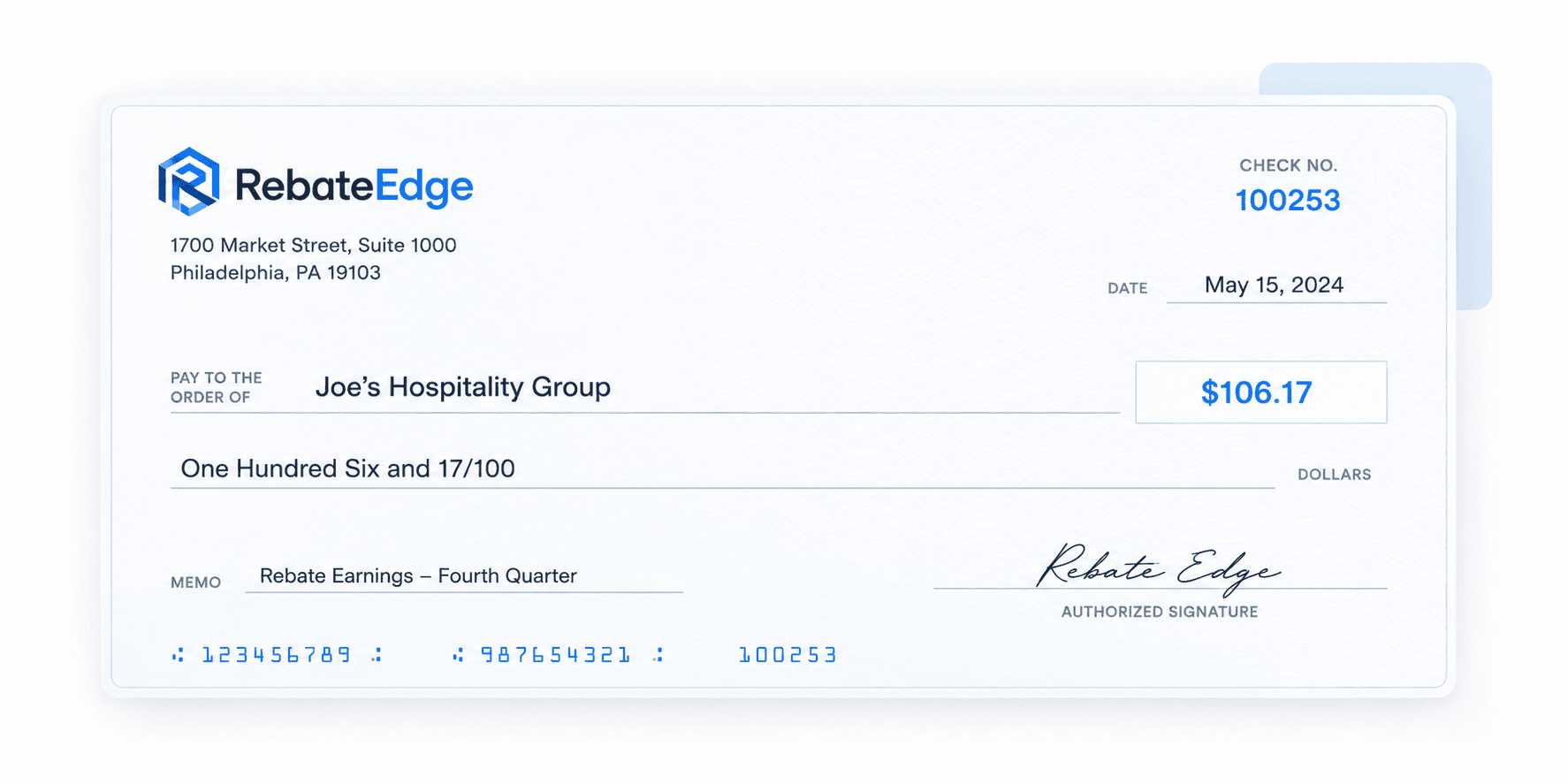 RebateEdge rebate check paid to a hospitality operator for quarterly rebate earnings