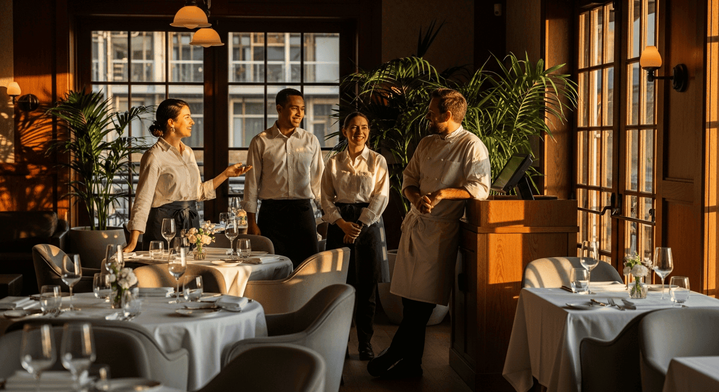 A warm, welcoming hospitality team in an inviting restaurant dining room