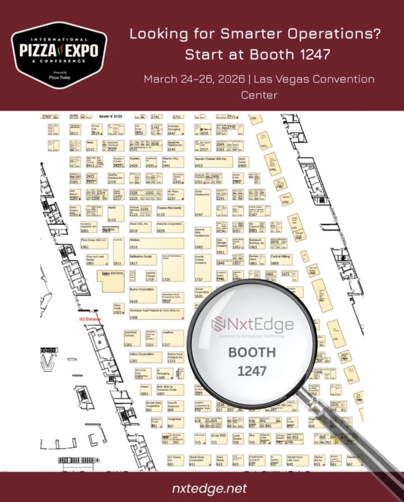 International Pizza Expo floor map highlighting the NxtEdge booth 1247 at the Las Vegas Convention Center