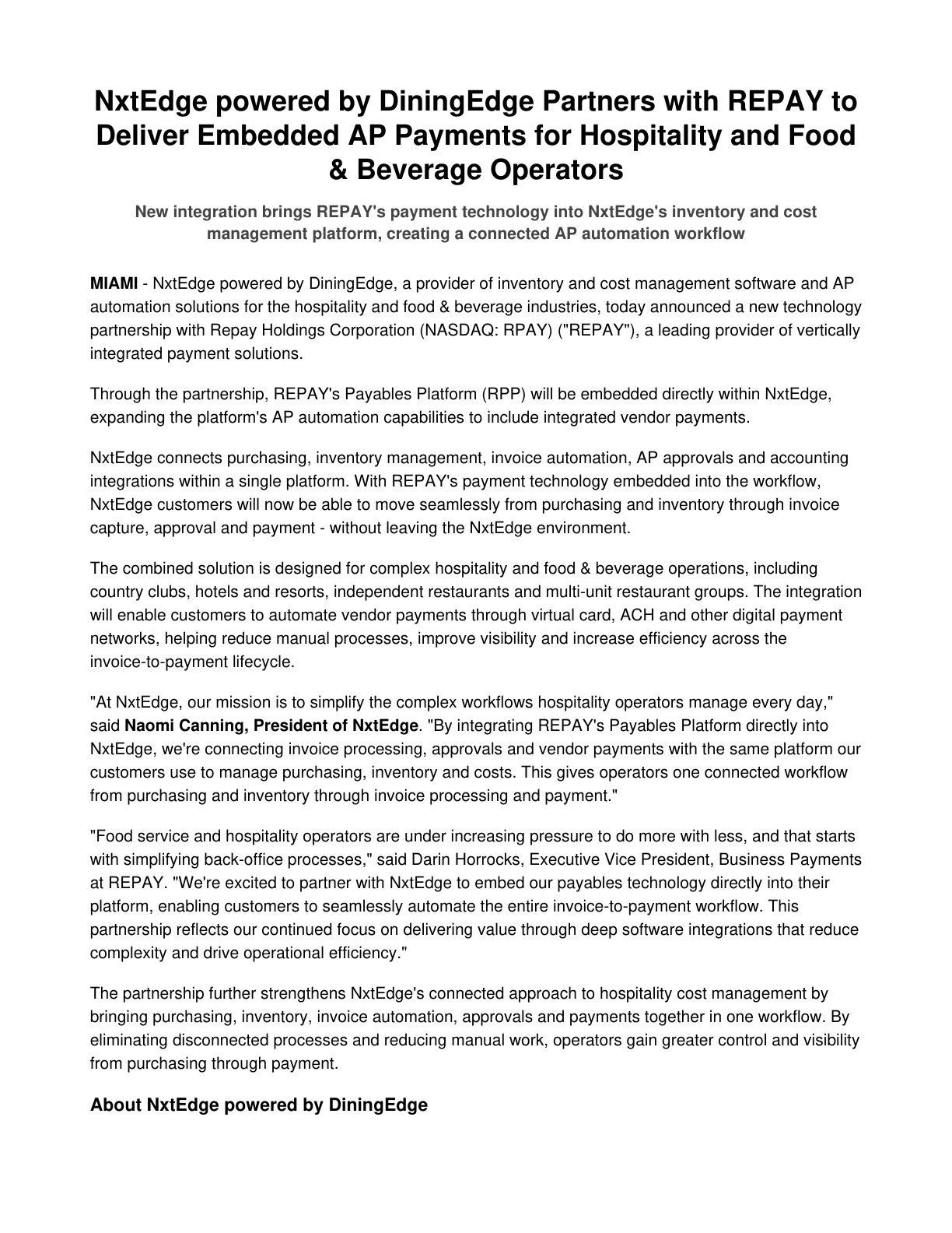 Approved NxtEdge and REPAY press release announcing embedded AP payments