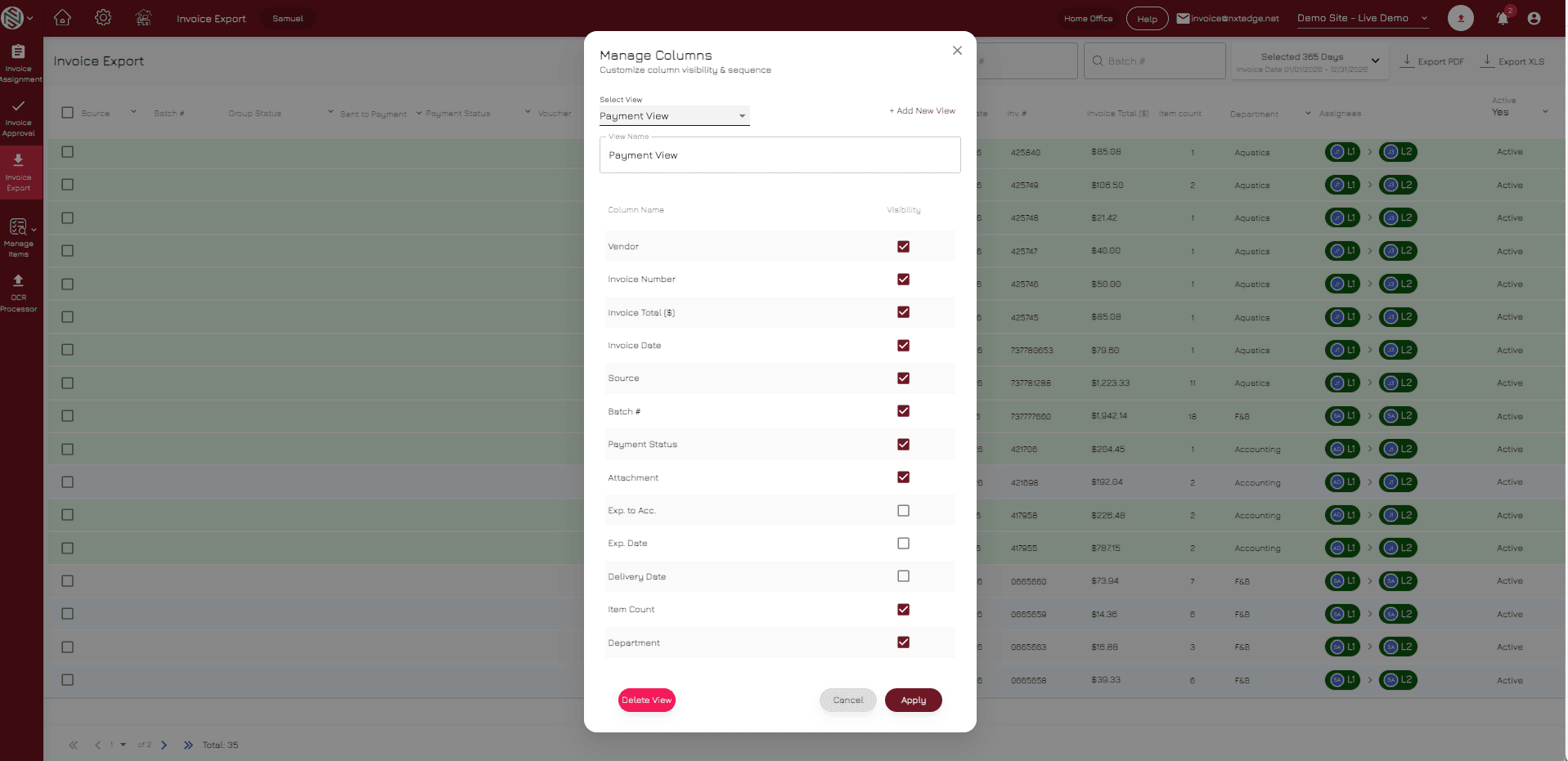 NxtEdge Bill Pay dashboard showing vendor payment status across ACH, virtual card and check