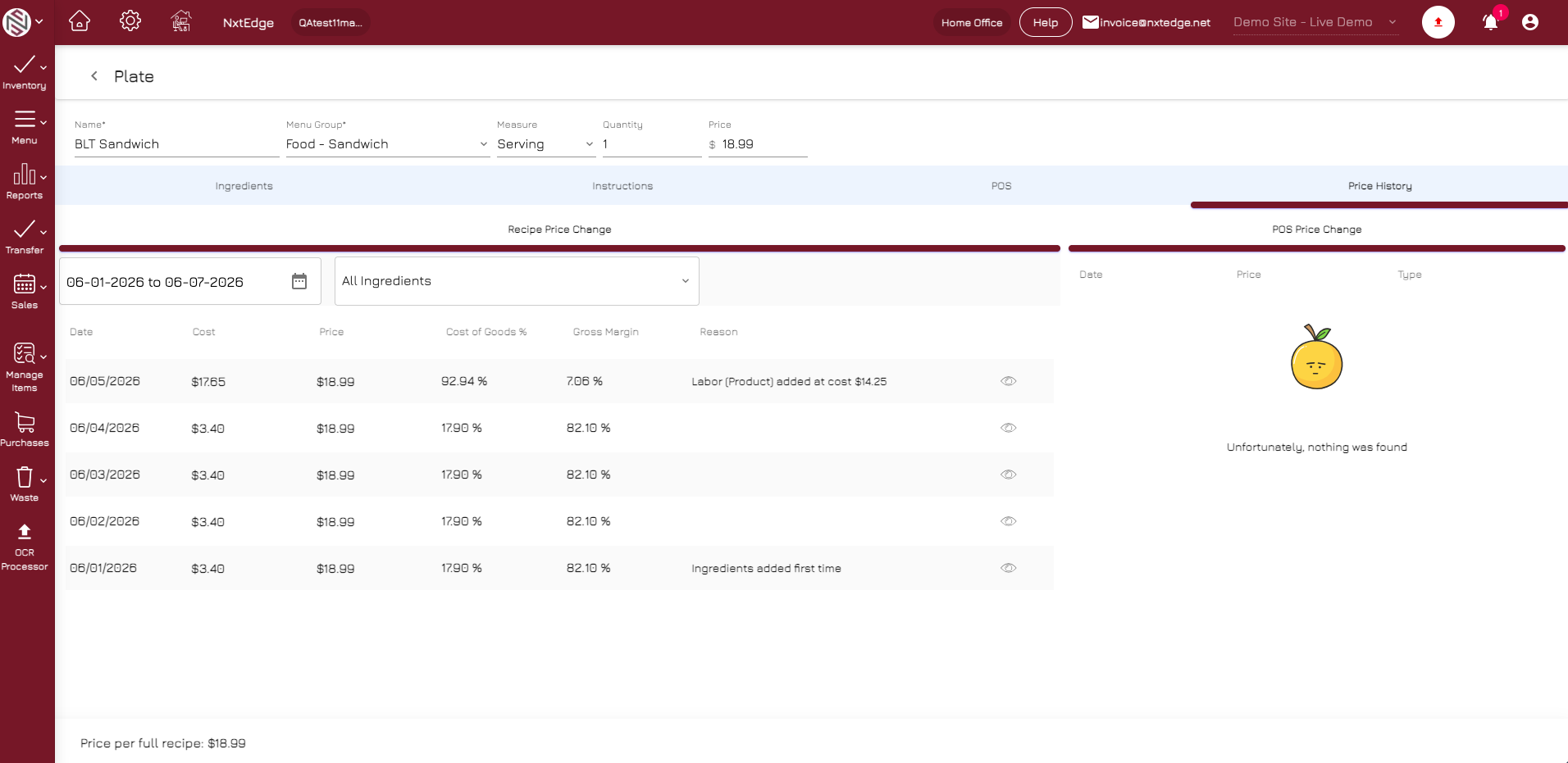 NxtEdge Calculate Recipe Costs